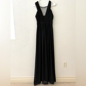 LuLus Maxi Formal Dress Sheer Plunge Neckline Black Sz XS